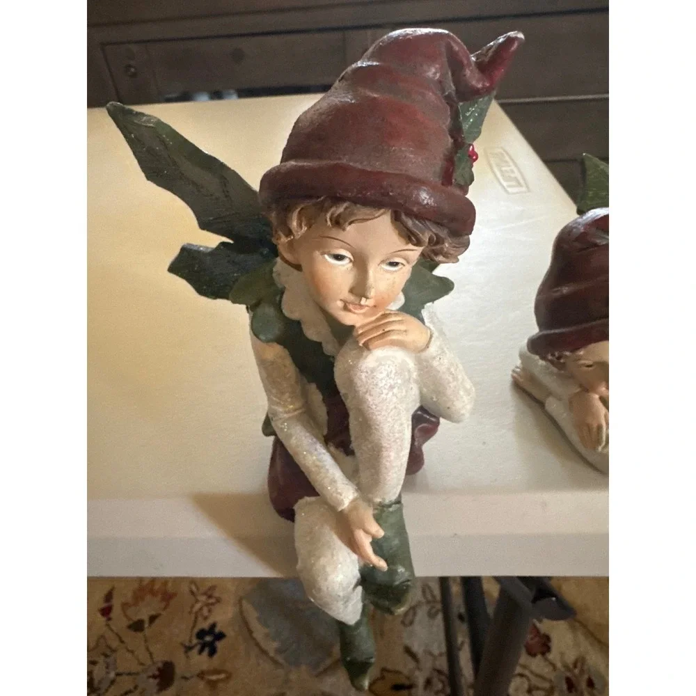 Christmas Elf Shelf Sitters Holly Leaf Wings Glitter Resin Figurines Set of 2